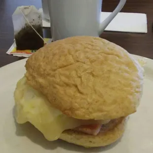 Breakfast sandwich make with fresh biscuit.