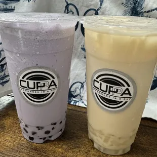 Taro Smoothie with boba &amp; Jasmine Green Milk Tea with lychee jelly