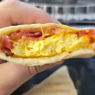 Egg &amp; Cheddar wrap with bacon. The eggs look and tasted like powered eggs.