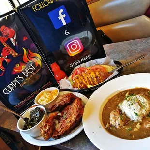 a bowl of soup and a plate of fried chicken