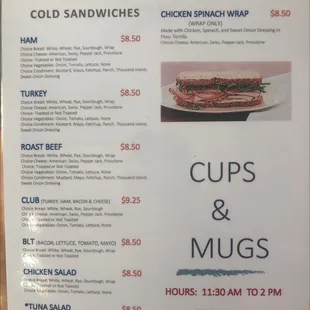 a menu for cold sandwiches