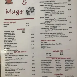 a menu for a coffee shop