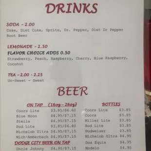 a menu for drinks
