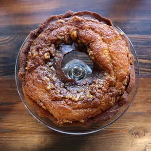 a cake in a glass bowl