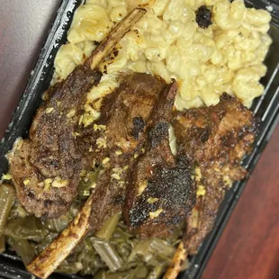 Lemon pepper Lamb chops with collard greens and Mac n cheese