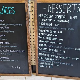 Juice and desserts menu