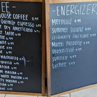 Coffee and Energizers (redbull drinks) menu