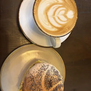 Latte and breakfast sandwich