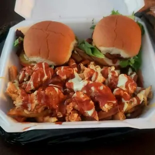 Bacon bomb sliders with chicken fries and bbq