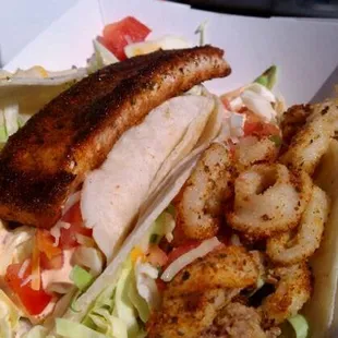 Blackened Mahi Mahi taco + Calamari taco = a killer $5 combo!