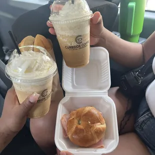 Praline frappe for a hot day and the turkey club sis got the ham bagel