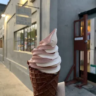Soft Serve (swirl) on Chocolate Waffle - today&apos;s flavors were Dark Chocolate &amp; vegan Peanut Butter