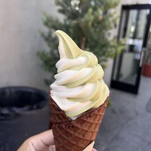 Matcha vanilla swirl with chocolate waffle cone