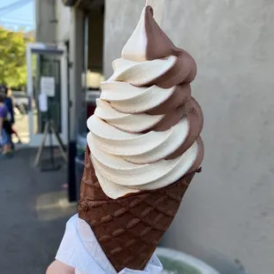 Chocolate/coffee swirl, with the chocolate waffle cone. So delicious!!