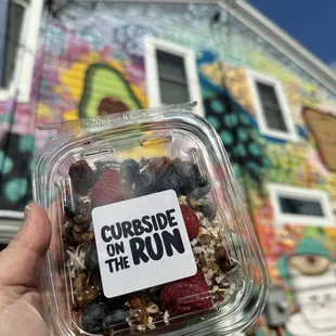 Chia seed and granola with fruit and nuts.
