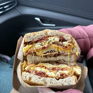 Bacon egg and cheese on Mancini&apos;s toast