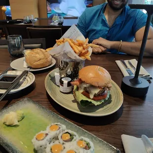 Spicy tuna roll and burger