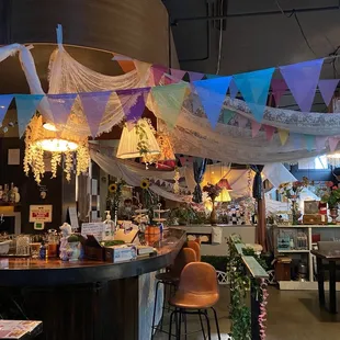 Bar area decorated for Alice in Wonderland.
