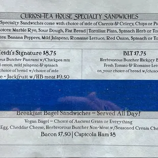 Specialty sandwich menu