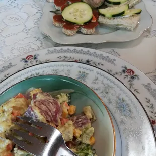 loaded potato salad and tea sandwiches