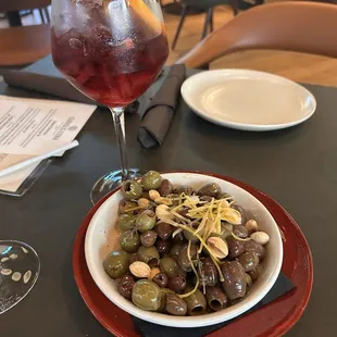 Marinated olives &amp; a glass of sangria