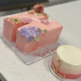 a pink cake with flowers
