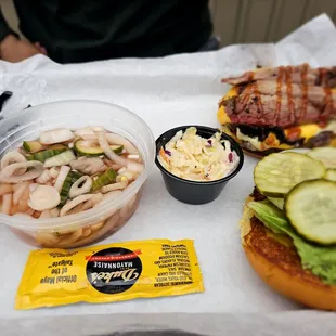 Brisket Burger and Cucumber and Onion Salad