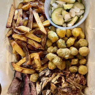 3 Meat Platter with okra, hand cut fries, and cucumber and onion salad.
