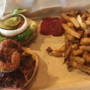 Piggly Wiggly! Cheeseburger with pulled pork, side of fries.
