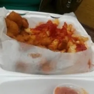 Regular battered shrimp with fries and ketchup