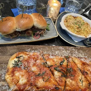 HH bites: pulled pork sliders (pretty good!), mac &amp; cheese (okay), Margherita flatbread (meh)