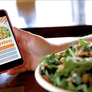 a person holding a smart phone and a salad