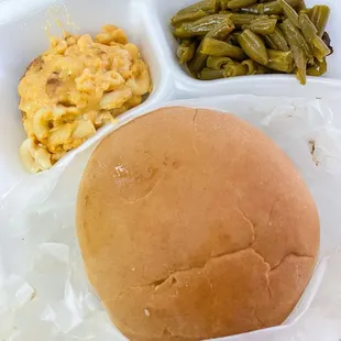 Mac n Cheese, burnt ends Sammy, green beans