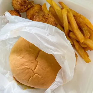 Hush Hushpuppies, shredded Beef Brisket sammy, Fries