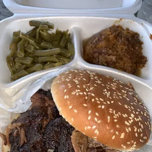 Burnt Ends sandwich, Green beans, Sweet Potato mash