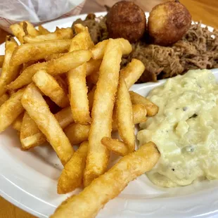 Fries. Potato salad, Hushpuppies, and Beef Brisket