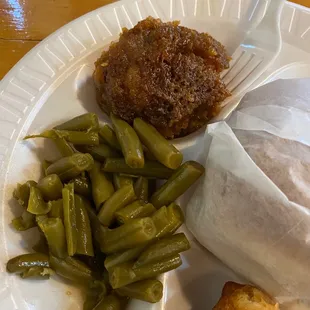 Regular Pork BBQ Sandwich Platter with [Side] Sweet Potato Casserole and [Side] Green Beans.