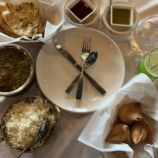 Palak paneer, garlic naan, samosa, liquid marijuana