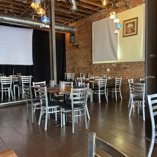 tables and chairs in a restaurant