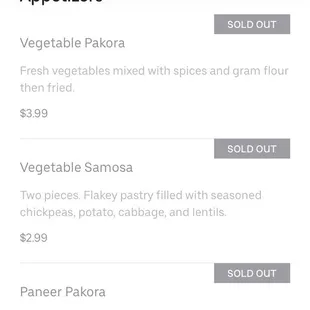 All appetizers unavailable all the time