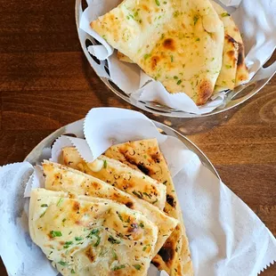 Green chili naan on top and garlic naan on the bottom
