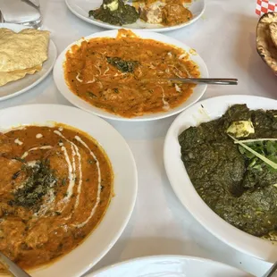 Malai kofta, palak paneer, veg tikka masala, naan and papad