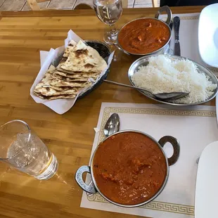 Butter chicken, Garlic Naan, and basmati white rice