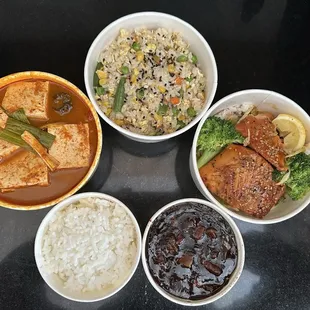 kimchi jiggae, salmon with rice, black bean sauce with fried rice