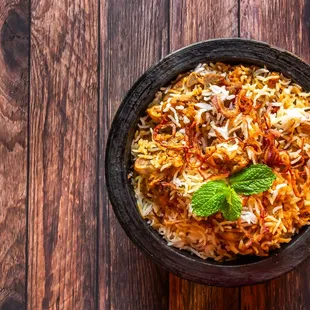 an overhead view of a bowl of birya rice