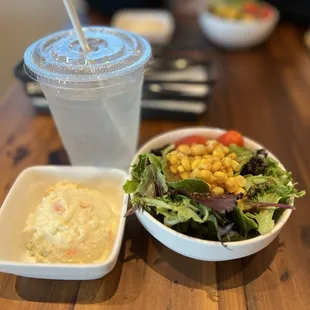 Potato salad, salad, and house lemonade
