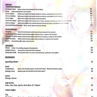 Menu with breads, dessert, drinks