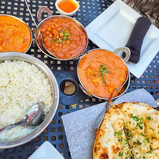 Rice, Garlic Naan, Butter Chicken, Tikka Masala