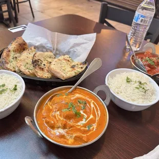 Butter Chicken, Garlic Naan, Goat Vindaloo