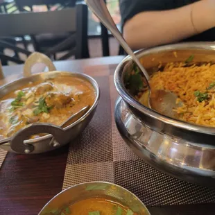 Lamb Korma (cup of basmati rice not shown) and Biryani Rice